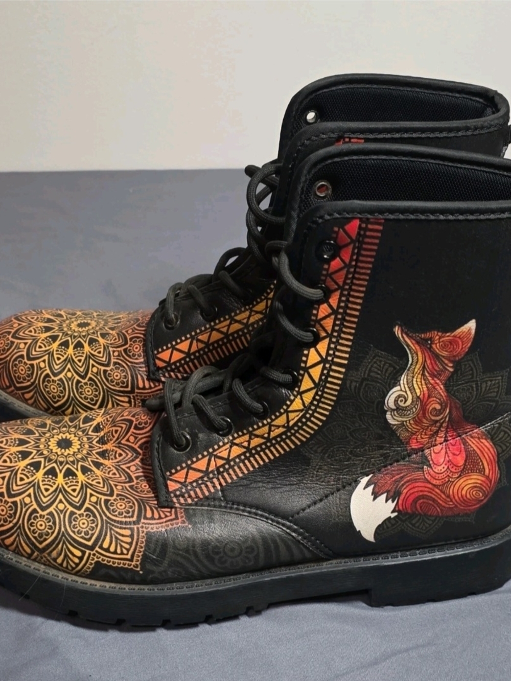Black Combat Boots with Orange Fox and Golden Mandala Accents - Picture 3 of 4